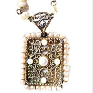 Vintage Gold and Pearl Filagree Pendant Necklace with Pearls on the Chain